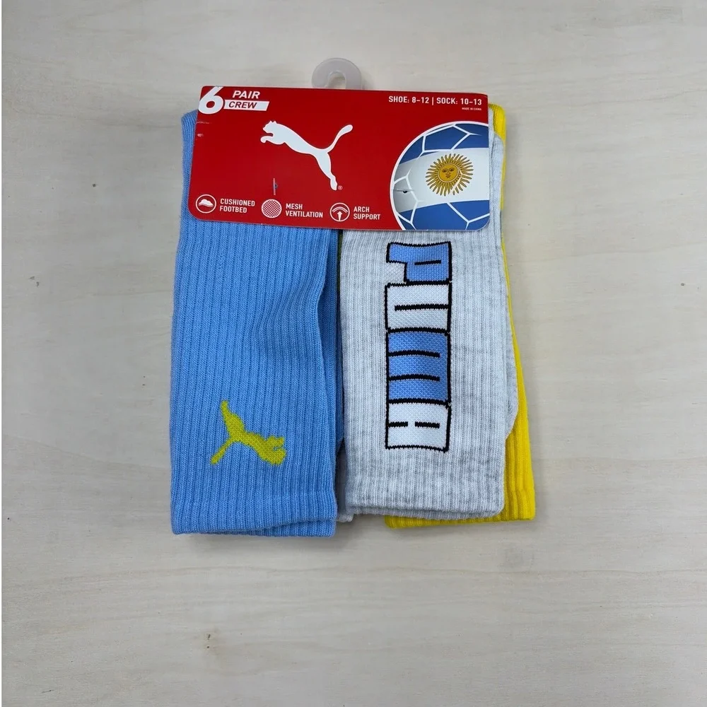 Puma Mens Argentina Crew Socks 6 Pair Pack Blue White Yellow Shoe Size 8-12 NEW